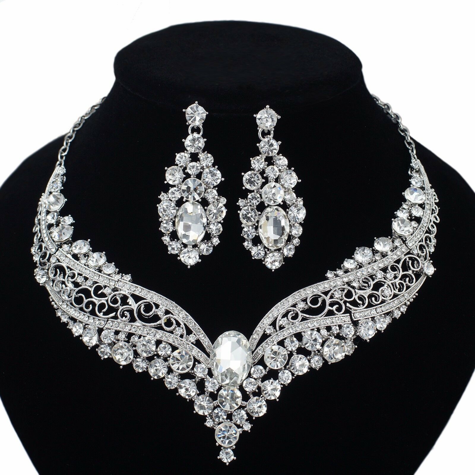 Yt297 Clear Rhinestone Crystal Earrings Necklace Set Bridal Wedding Party Gift