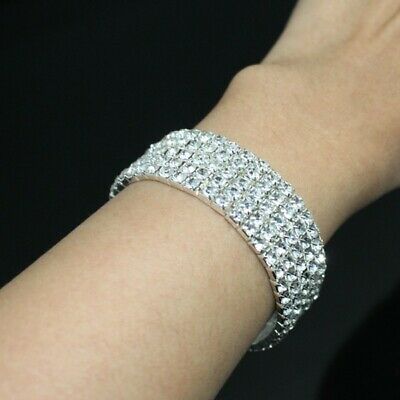 Vegas Clear Austrian Rhinestone Crystal Stretch Bangle Bracelet 5 Row Silver
