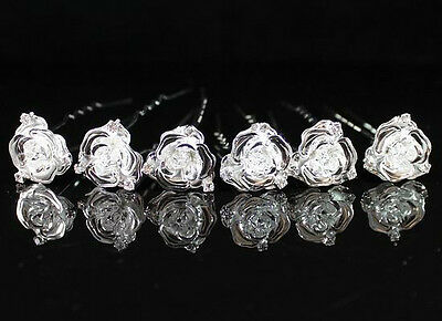 6x Rose Bridal Clear Austrian Rhinestone Crystal Hairpin Picks Wedding P1561