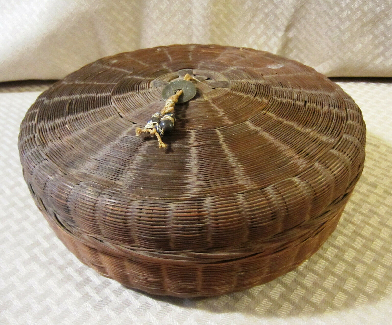Large Antique Wicker Chinese Sewing Basket With Coin Ornamentation