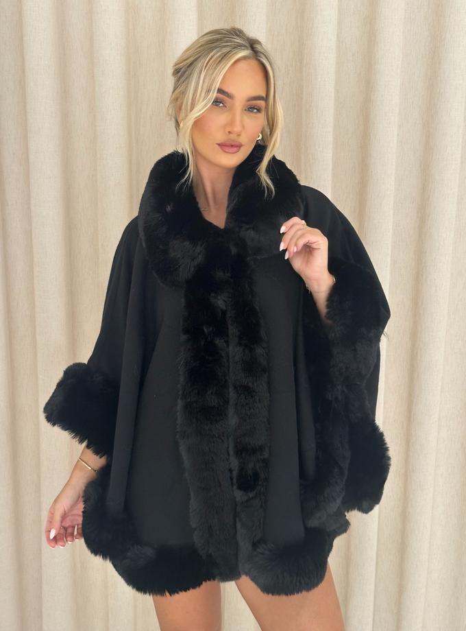 Caramellauk ASPEN Collared Faux Fur Trim Cape Coat In Black Best Seller