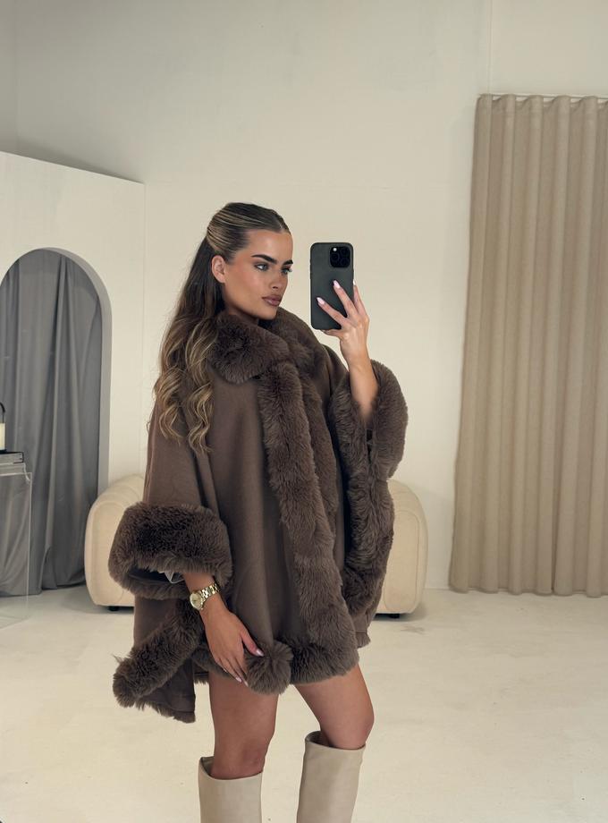 Caramellauk ASPEN Collared Faux Fur Trim Cape Coat In Walnut Best Seller