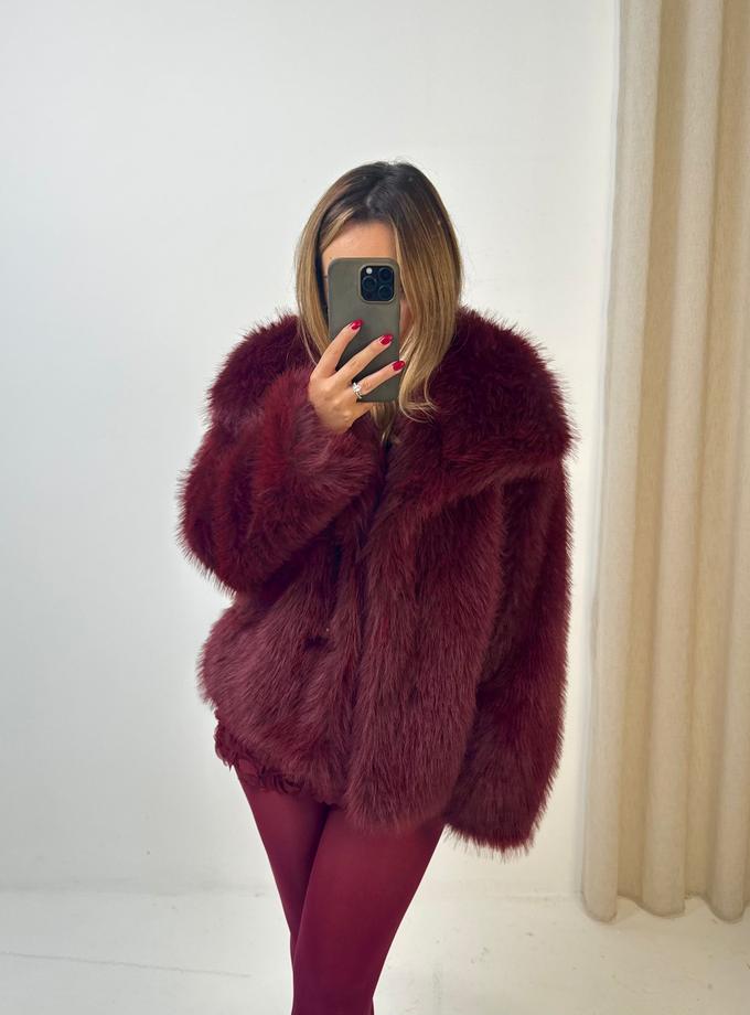 Caramellauk BAMBIE Faux Fur Long Sleeved Jacket In Burgundy New Arrival