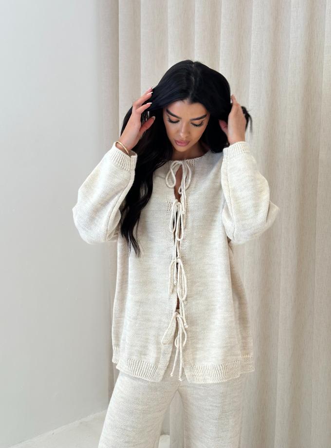 Caramellauk BEAU Bow Detail Knitted Jumper And Trouser Loungewear In Vanilla New Arrival