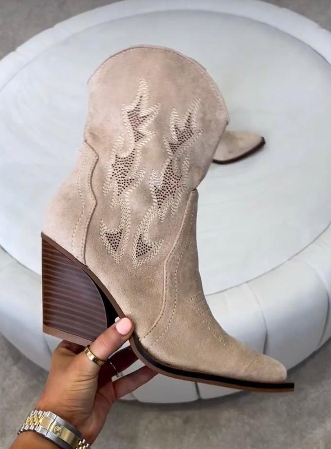 Caramellauk DIXIE Cowboy Mini Suede Heeled Boots In Beige Sizes 40 & 41 On Sale