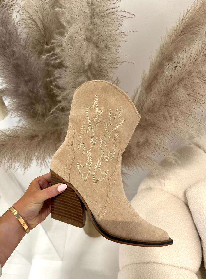 Caramellauk DIXIE Cowboy Mini Suede Heeled Boots In Beige Sizes 40 & 41 On Sale