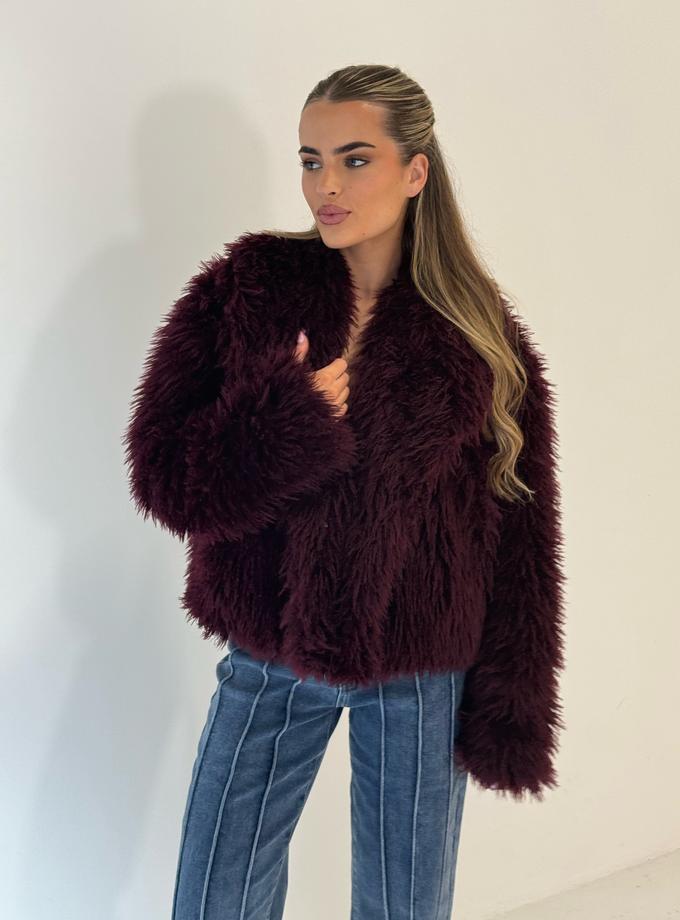 Caramellauk EMBER Faux Mongolian Fur Coat in Burgundy On Sale