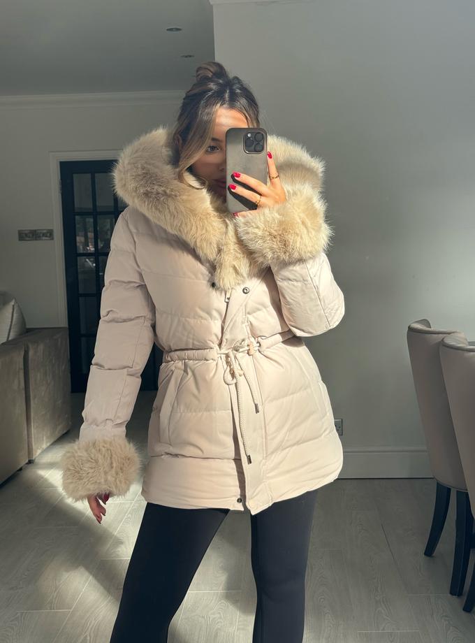 Caramellauk LET IT SNOW Faux Fur Hooded Midi Padded Coat In Vanilla Best Price