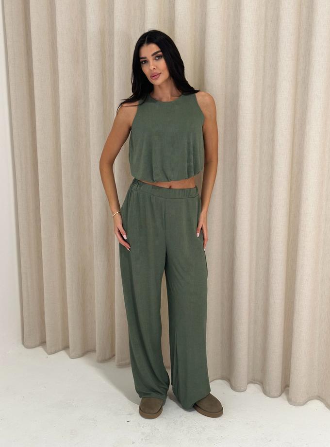 Caramellauk MARA Ribbed Sleeveless Top and Wide-Leg Trouser Set in Khaki Best Buy