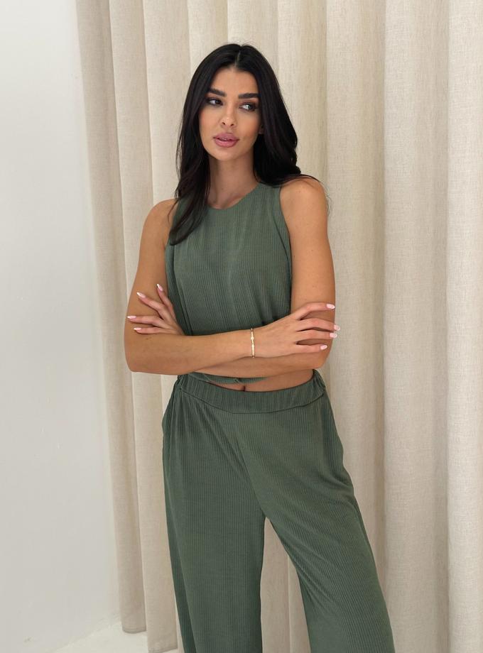 Caramellauk MARA Ribbed Sleeveless Top and Wide-Leg Trouser Set in Khaki Best Buy