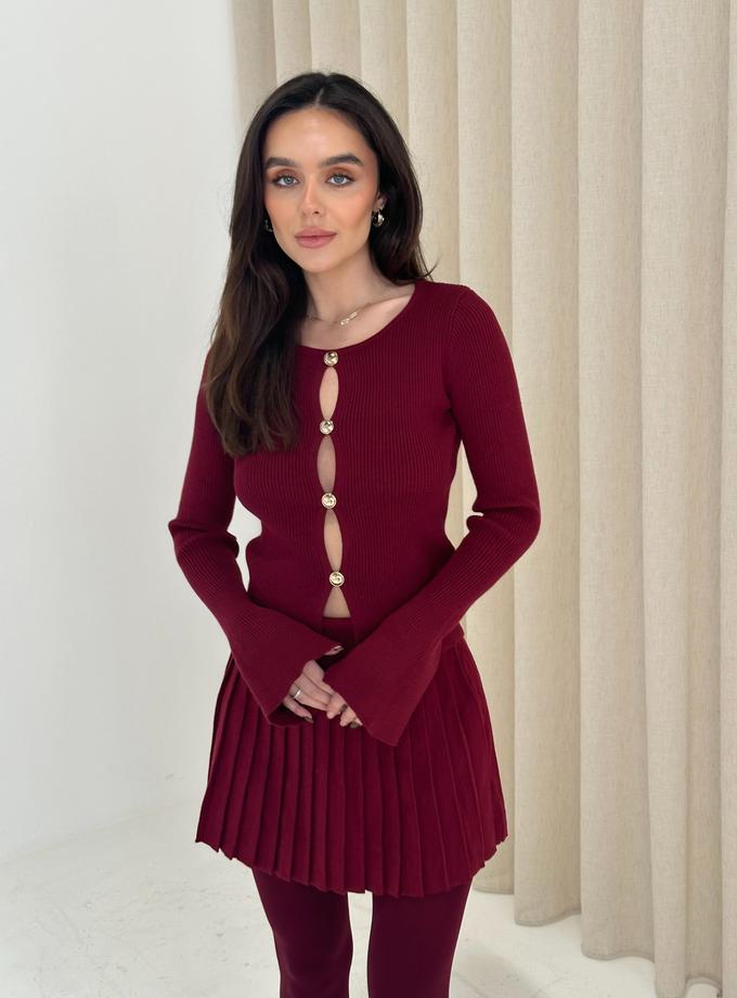 Caramellauk MATILDA Ribbed Knit Long Sleeved Button Top & Pleated Skirt Co-ord In Burgundy On Sale