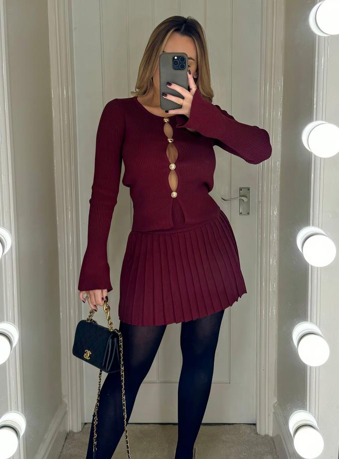 Caramellauk MATILDA Ribbed Knit Long Sleeved Button Top & Pleated Skirt Co-ord In Burgundy On Sale