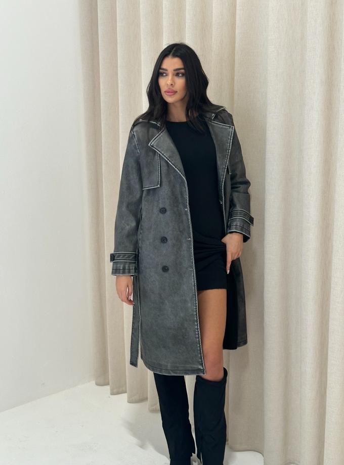 Caramellauk MICAH Leather Look Trench Coat in Slate Grey For Sale