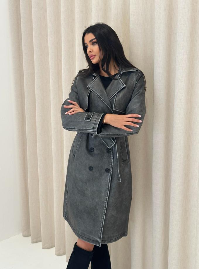 Caramellauk MICAH Leather Look Trench Coat in Slate Grey For Sale