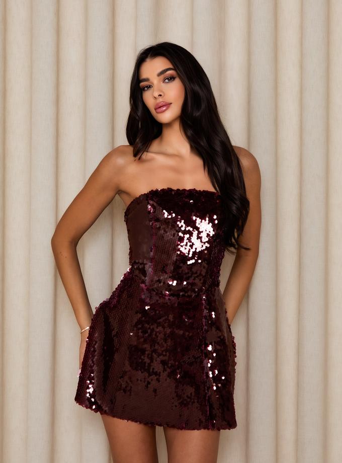 Caramellauk PRE ORDER Ships 18/11 Caramella ADDISON Lantern Sequin Mini Dress in Bordeaux On Sale