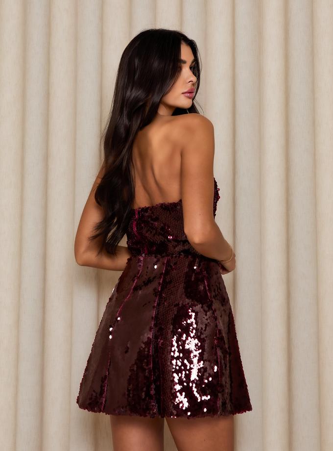 Caramellauk PRE ORDER Ships 18/11 Caramella ADDISON Lantern Sequin Mini Dress in Bordeaux On Sale