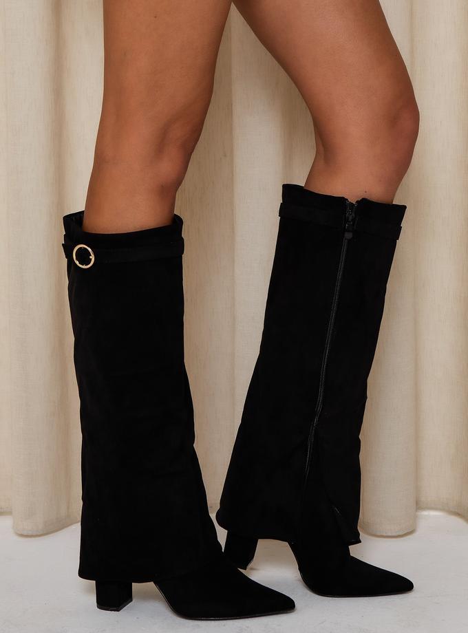 Caramellauk RIDLEY Buckle Detail Knee Fold Over Boots in Black On Sale