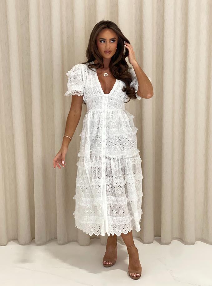 Caramellauk ROSA Broderie Anglaise Cotton Midi Dress in White High Quality