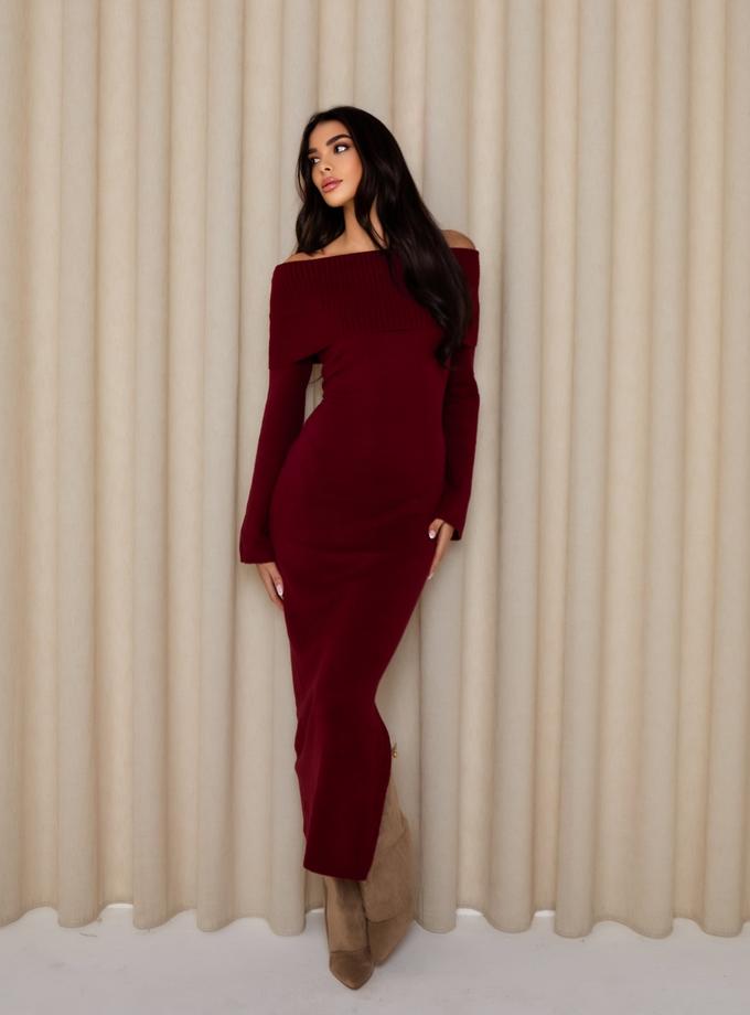 Caramellauk SLOANE Knitted Bardot Maxi Dress in Berry On Sale