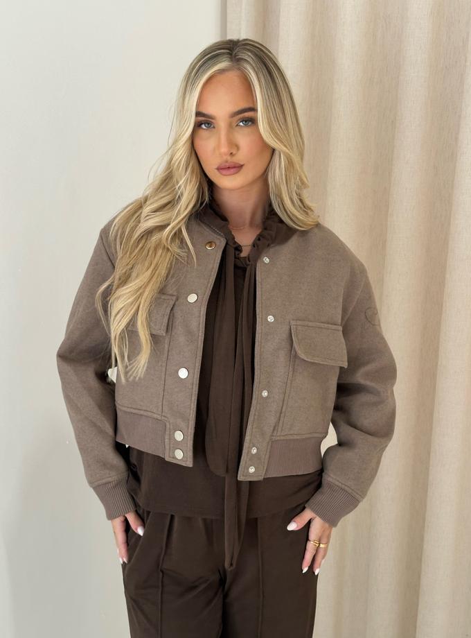 Caramellauk SUNDAE Wool Look Bomber Jacket In Walnut Best Seller