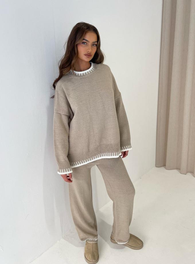 Caramellauk WILLOW Knitted Contrast Jumper And Trouser Set In Latte Best Price